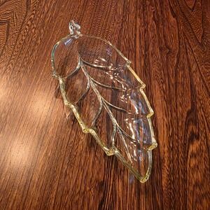 Vintage Clear Pressed Glass Leaf Serving Dish Candy Nut Bowl Decorative Tray